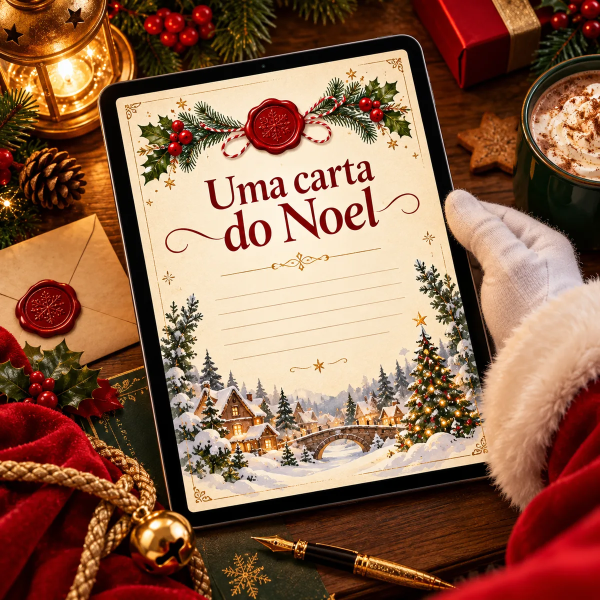 Tablet sobre a mesa mostrando uma carta ilustrada com o título Uma carta do Noel