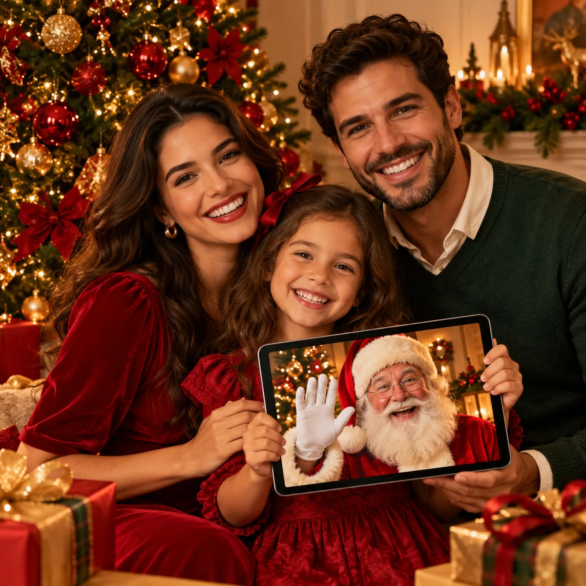 Família reunida na sala segurando um tablet em que o Papai Noel acena