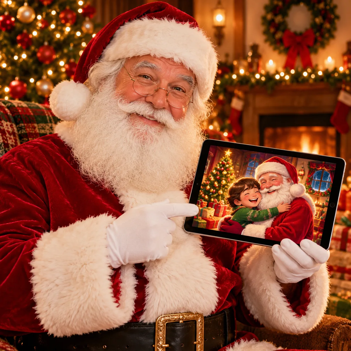 Papai Noel em uma sala decorada apontando para um tablet que mostra ele conversando com uma criança