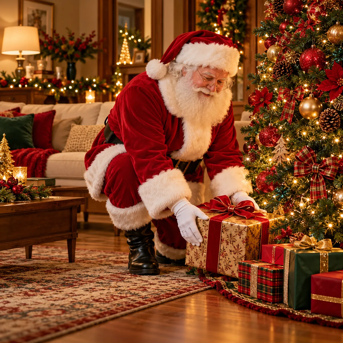 Papai Noel ajoelhado ao lado da árvore de Natal deixando presentes em uma sala de estar